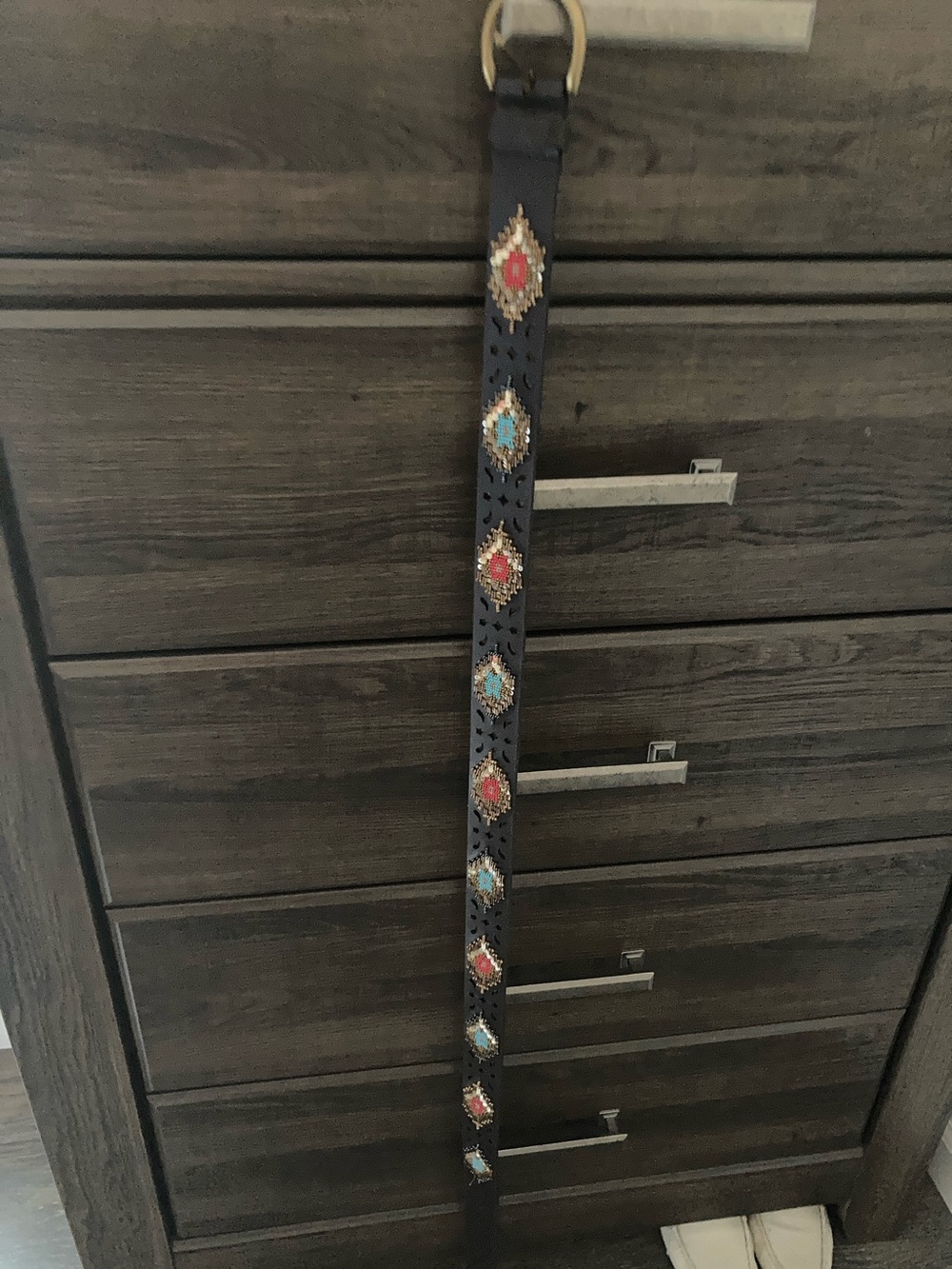 Embellished Brown 44” Leather Belt with Colorful Medallions
